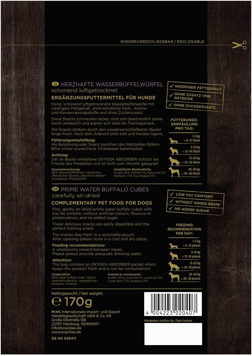 SNACKIES 16er-Pack (à 170g) Premium Snacks für Hunde, Herzhafte Wasserbüffelwürfel ohne Zusatz von G