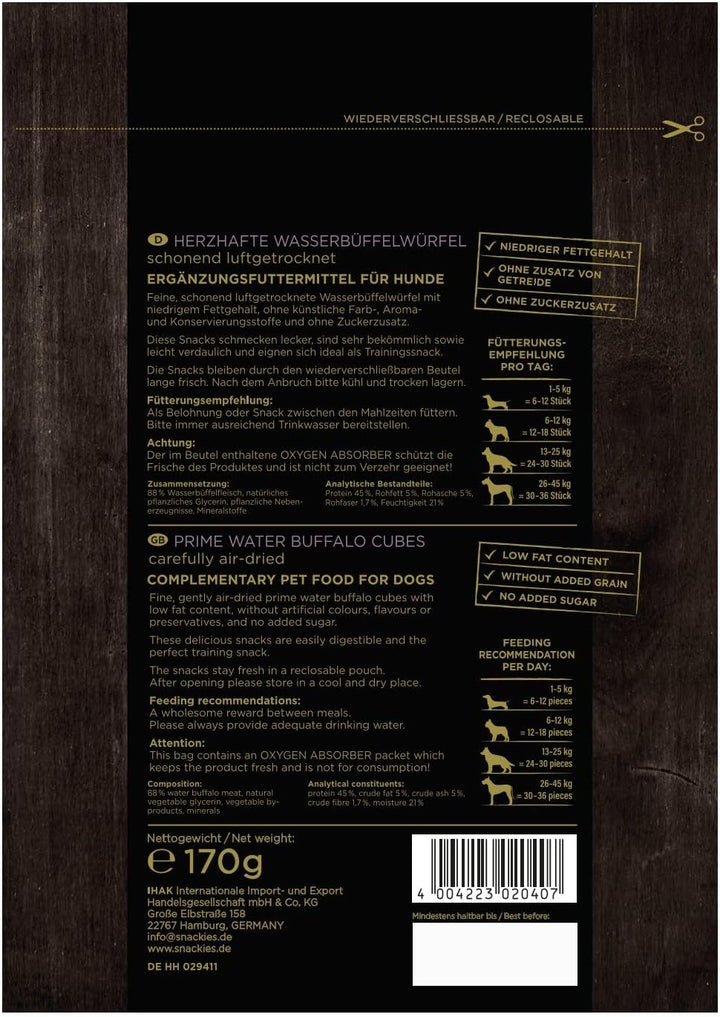 SNACKIES 16er-Pack (à 170g) Premium Snacks für Hunde, Herzhafte Wasserbüffelwürfel ohne Zusatz von G