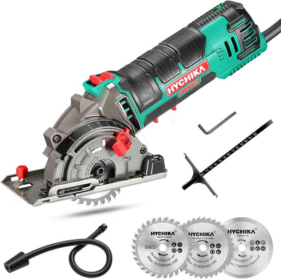 Mini Kreissäge, HYCHIKA Handkreissäge mit 3 Sägeblättern, Laserführung, Skalenlineal, 500W Motor aus