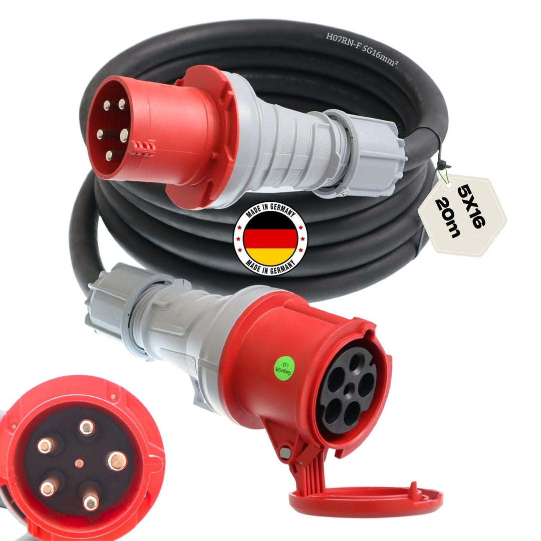 CEE Verlängerungskabel Starkstromkabel 63A 400V Gummileitung H07RN-F 5g16 mm² IP44 aussen 20m 5G16;