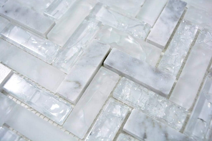 Mosaik Fliese Transluzent weiss Fischgrät Glasmosaik Crystal Stein für WAND BAD KÜCHE FLIESENSPIEGEL