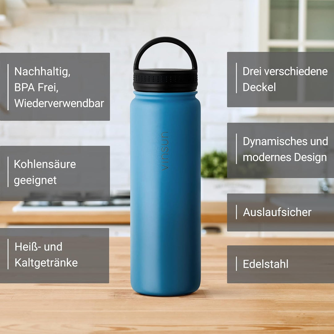 Vinsun Trinkflasche Edelstahl 500ml blau - auslaufsicher, Kohlensäure geeignet, BPA frei - 3 Deckel