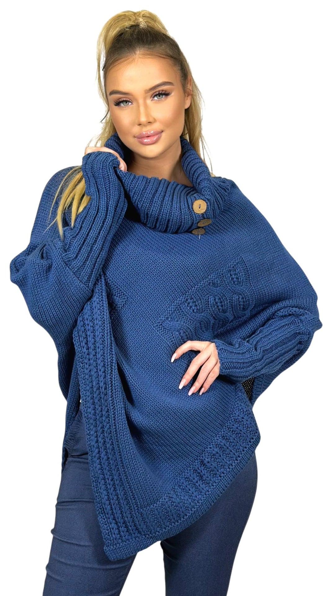 Mississhop Poncho Strick Sweatshirt Pullover Umhang Überwurf Einheitsgrösse Jeansblau, Einheitsgröss