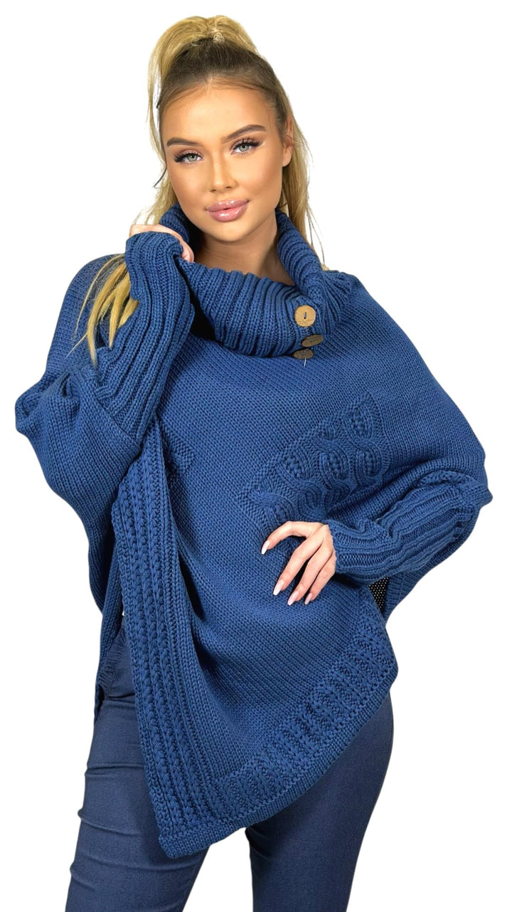 Mississhop Poncho Strick Sweatshirt Pullover Umhang Überwurf Einheitsgrösse Jeansblau, Einheitsgröss