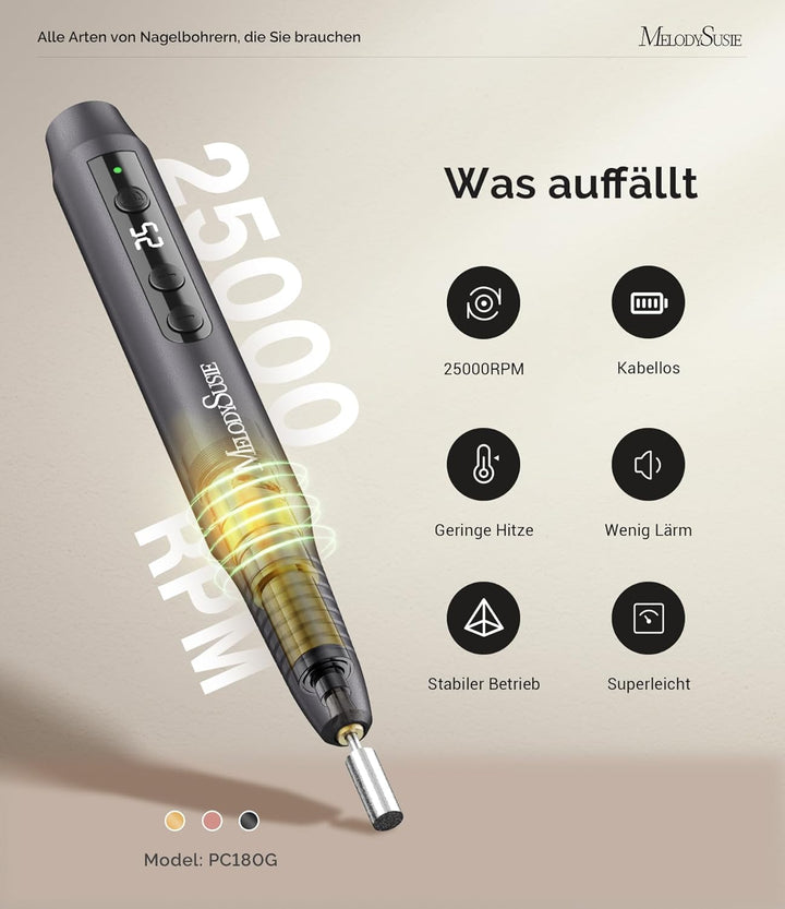 MelodySusie Kabellos Nagelfräser für Gelnägel, Elektrische Nagelfeile 25000 u/min, PC180G Profession