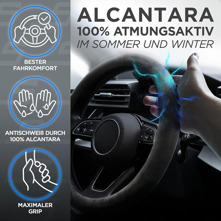 S-TETIC® Premium Lenkradbezug Alcantara® | Echtes Alcantara | Schwarze 12-Uhr Markierung | Universal