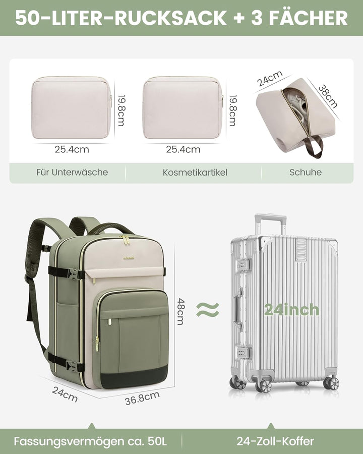 LOVEVOOK Rucksack Handgepäck Flugzeug, 50L Gross Reiserucksack Damen | Wasserdicht Travel Backpack