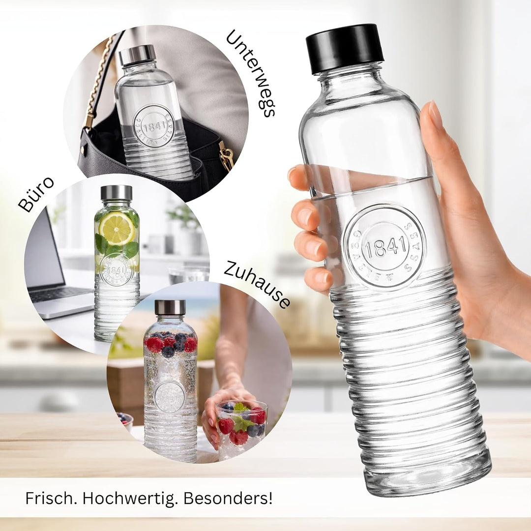3er-Set Wasserflasche, Trinkflasche, Glasflasche für 1 Liter – gestreift | transparente Karaffe – Re