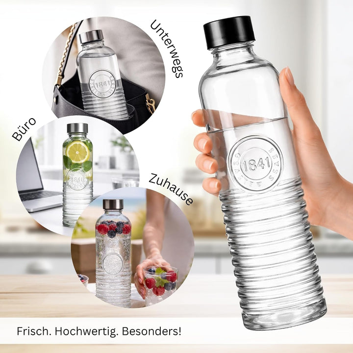 3er-Set Wasserflasche, Trinkflasche, Glasflasche für 1 Liter – gestreift | transparente Karaffe – Re