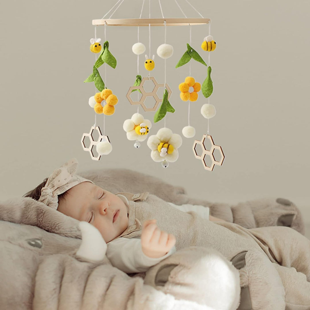 Mobile Baby Holz + Wollknäuel, Frische Blumen und Bienen, Windspiel Rassel Wickeltisch, Kinderzimmer