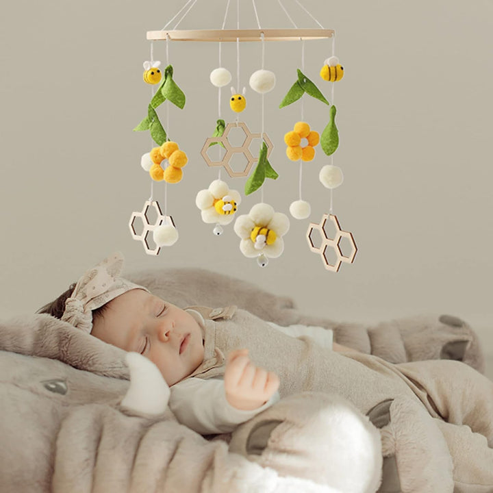 Mobile Baby Holz + Wollknäuel, Frische Blumen und Bienen, Windspiel Rassel Wickeltisch, Kinderzimmer
