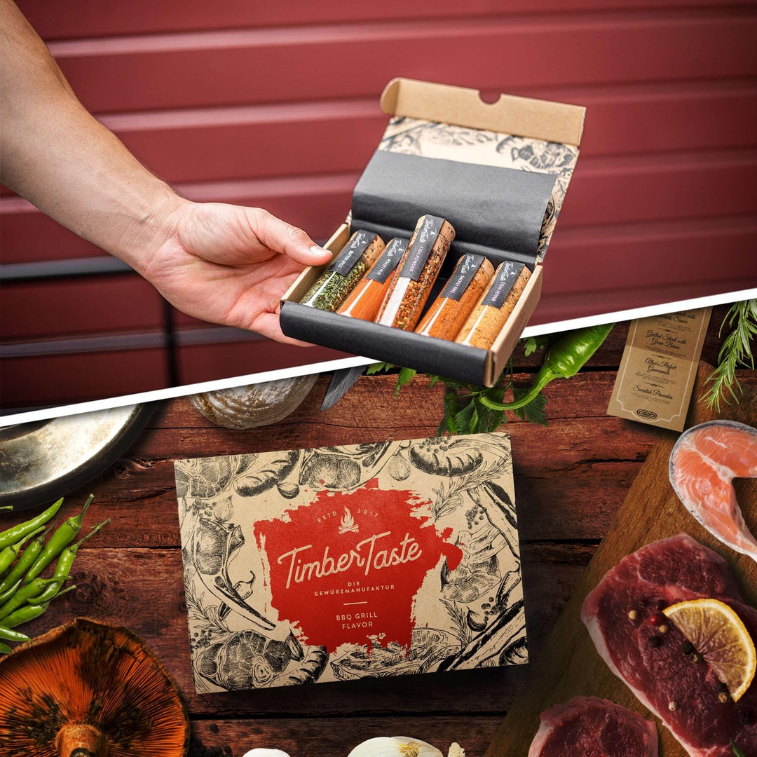 TIMBER TASTE® Grill Gewürze Geschenkset Männer | 5 erlesene BBQ Grillgewürze inkl. Rezepte | Grill Z