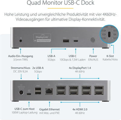 StarTech.com USB C Dockingstation für 4 monitore - 4K 60Hz Hybrid Dock DisplayPort 1.4 & HDMI 2.0 -