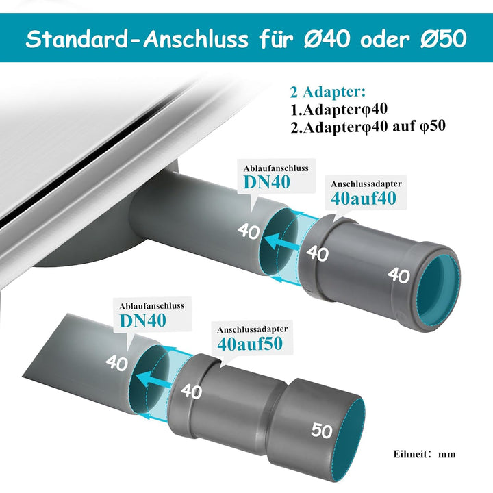100 * 7cm Duschrinne 304 Edelstahl, Bodenablauf mit 360° Siphon Geruchsstop, 2 in1 Befliesbar Ablauf