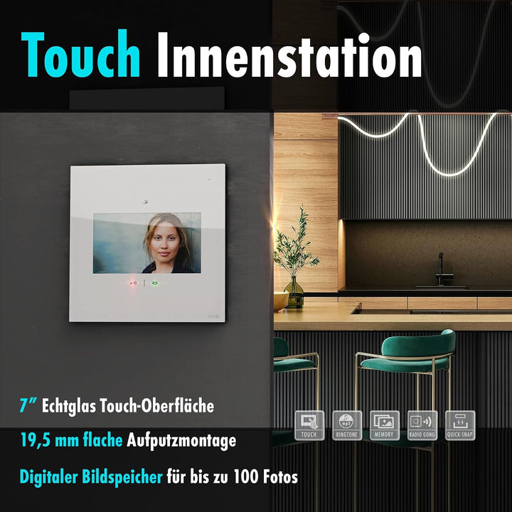 m-e Video-Türsprechanlage RFID silber/weiss | Aluminium Aussenstation für 2-Familienhaus | 7“ Design