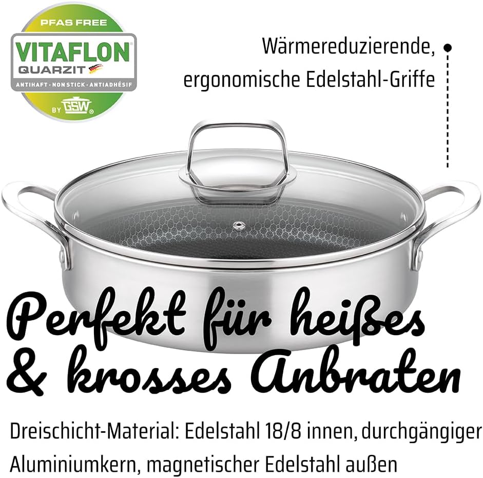 GSW Servierpfanne Innoxa Black, Pfanne mit Deckel aus Glas, Edelstahlpfanne, Wabenpfanne mit kratzfe