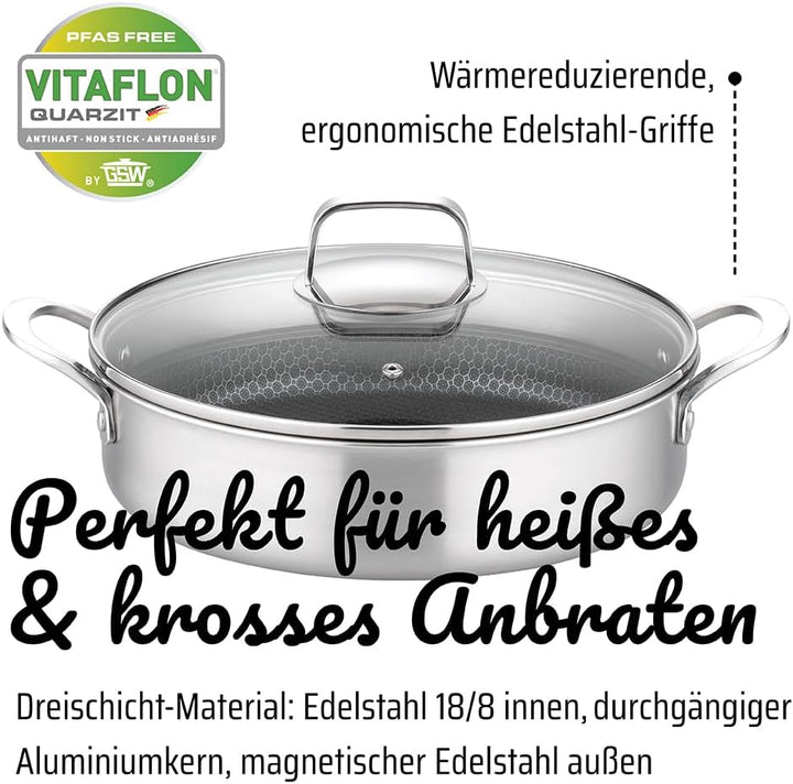 GSW Servierpfanne Innoxa Black, Pfanne mit Deckel aus Glas, Edelstahlpfanne, Wabenpfanne mit kratzfe