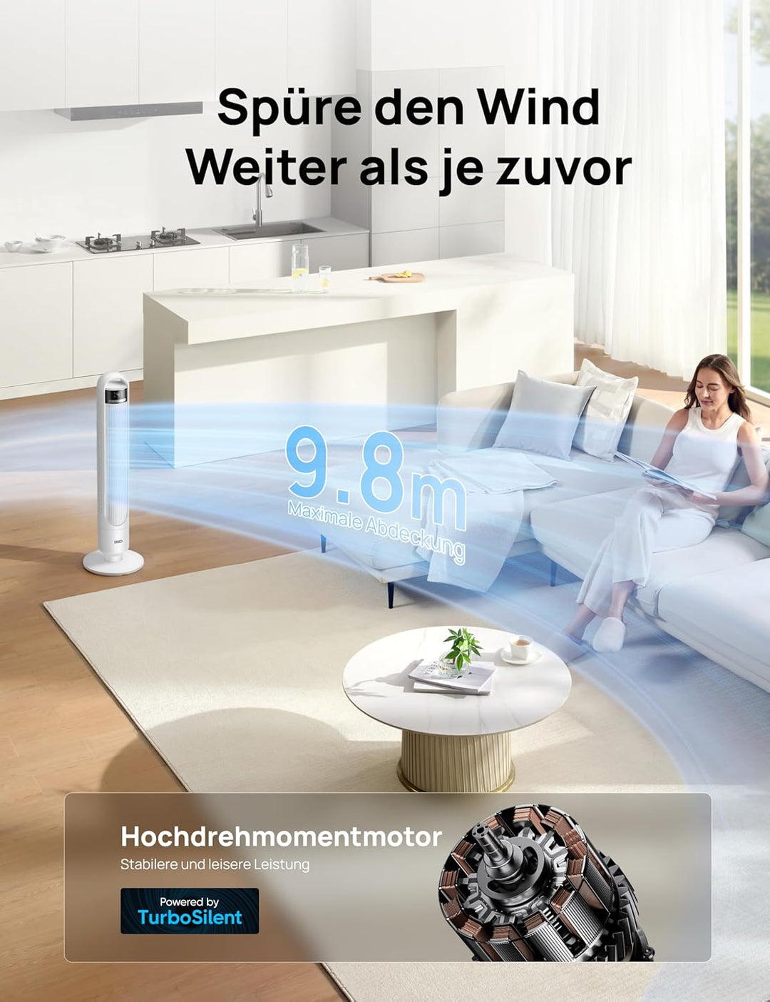 DREO Smart Turmventilator fürs Schlafzimmer, leiser Standventilator mit 28 dB, Luftreichweite bis 8,