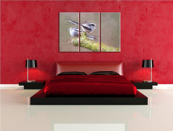 zwei Schwanzmeisen auf einem Ast NewArt 3-Teiler Leinwandbild 120x80 Bild auf Leinwand, XXL riesige