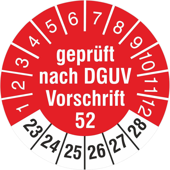 2500 Stück Prüfetiketten 18 mm geprüft DGUV Information Vorschrift 52 Krane 2023-2028 Prüfplaketten