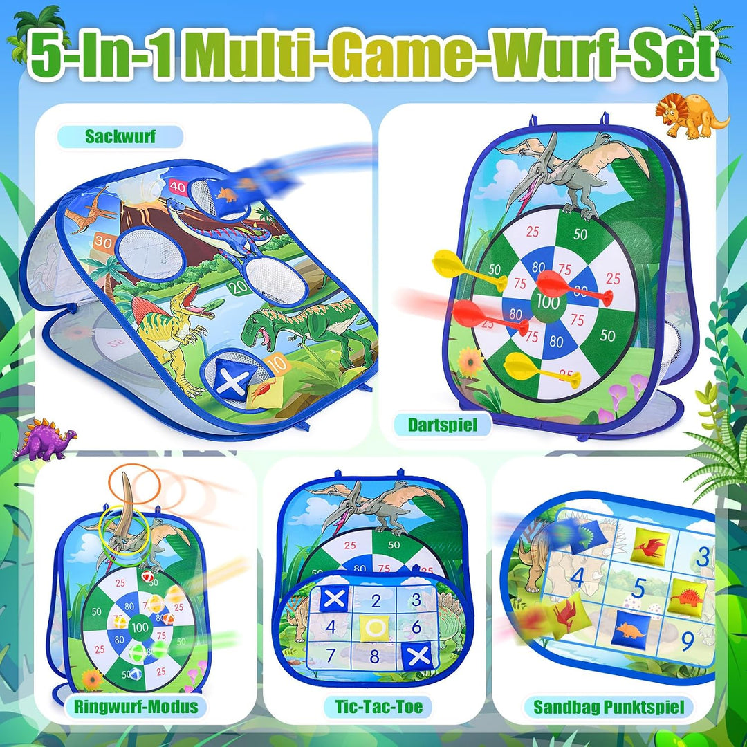 5-in-1 Dinosaurier/Einhorn Wurfspiel Dartboard mit Pfeilen, Sitzsäcken, Bällen, Ringwurf, tragbare O