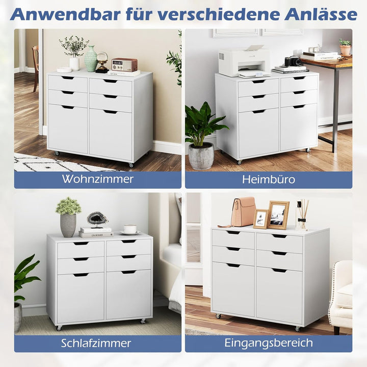 COSTWAY Rollcontainer mit 4 Schubladen und 2 Türen, Aktenschrank mit Rollen, Druckerständer, Bürosch