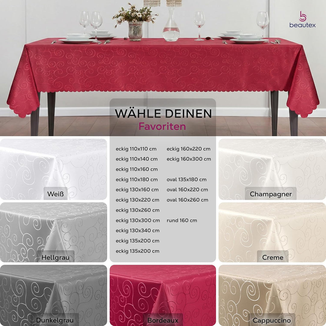 BEAUTEX Tischdecke Damast Ornamente - Bügelfreies Tischtuch - Fleckabweisende, Pflegeleichte Tischwä