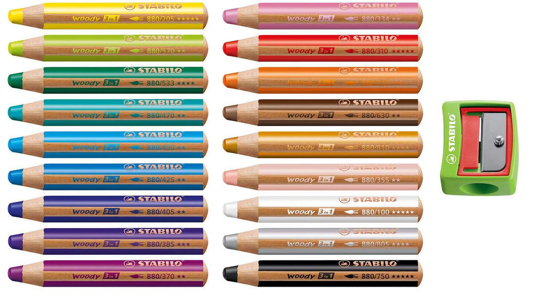 Buntstift, Wasserfarbe & Wachsmalkreide - STABILO woody 3 in 1 - 18er Pack mit Spitzer in grün, 18er