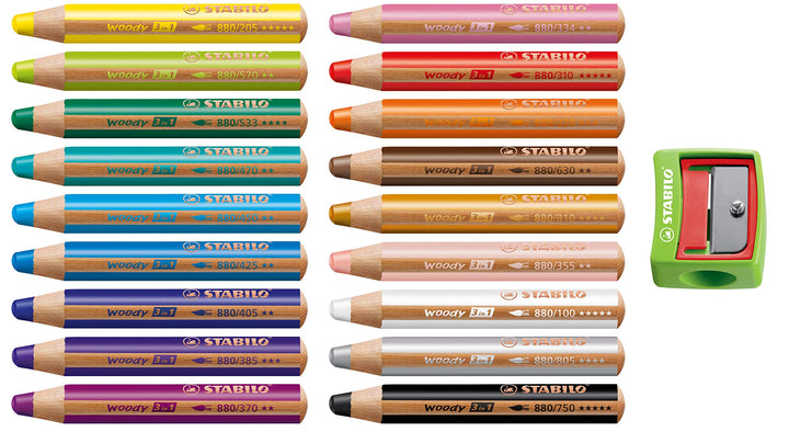 Buntstift, Wasserfarbe & Wachsmalkreide - STABILO woody 3 in 1 - 18er Pack mit Spitzer in grün, 18er