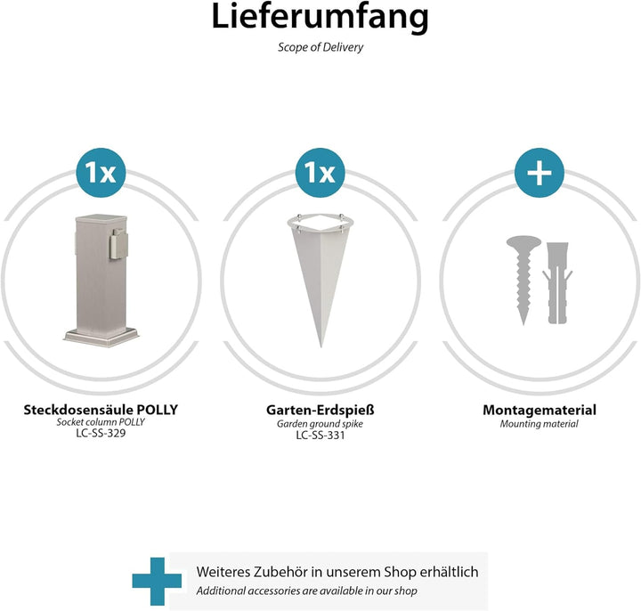 ledscom.de Garten-Steckdosen-Säule Polly mit Erdspiess für aussen, 2-Fach, Edelstahl, eckig, 27cm 1