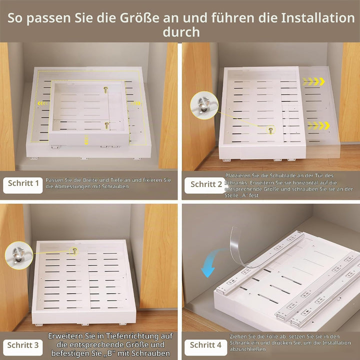 NETEL 4-Wege-erweiterbarer Schublade mit Kleber, Teleskopschublade (Einstellbare 43.5-55cm T x 30-49