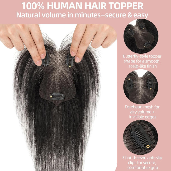 Silk-co Hair Topper Echthaar, 8x11cm handgebunden Basis Toupet Damen, Clip in Haarteile mit Spitzen-