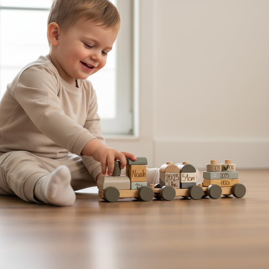 Personalisierter Holz Zug mit Gravur – Geschenk zur Geburt & Taufe – Babyspielzeug & Kinderzimmer De