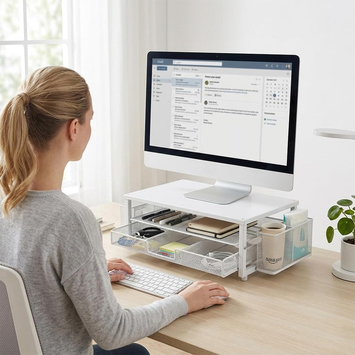 CEWROM Monitorständer mit Schublade, 2-Stufiger Computer Monitor Erhöhung mit Schublade, Schreibtisc