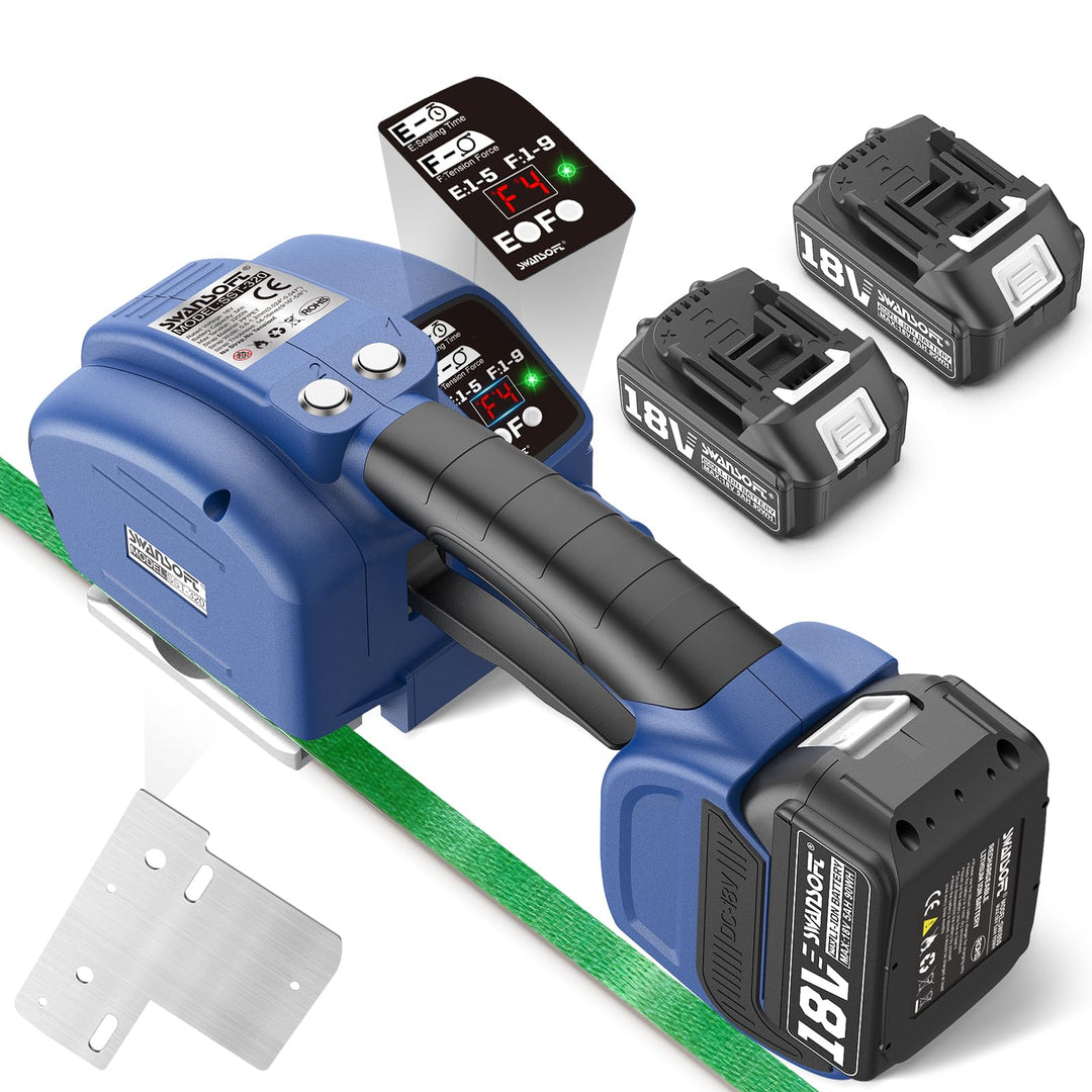 SWANSOFT Elektro-Umreifungsgerät für 14-16 mm PP-/PET-Band mit Digitaldisplay, 2 x 5000 mAh Akku, au