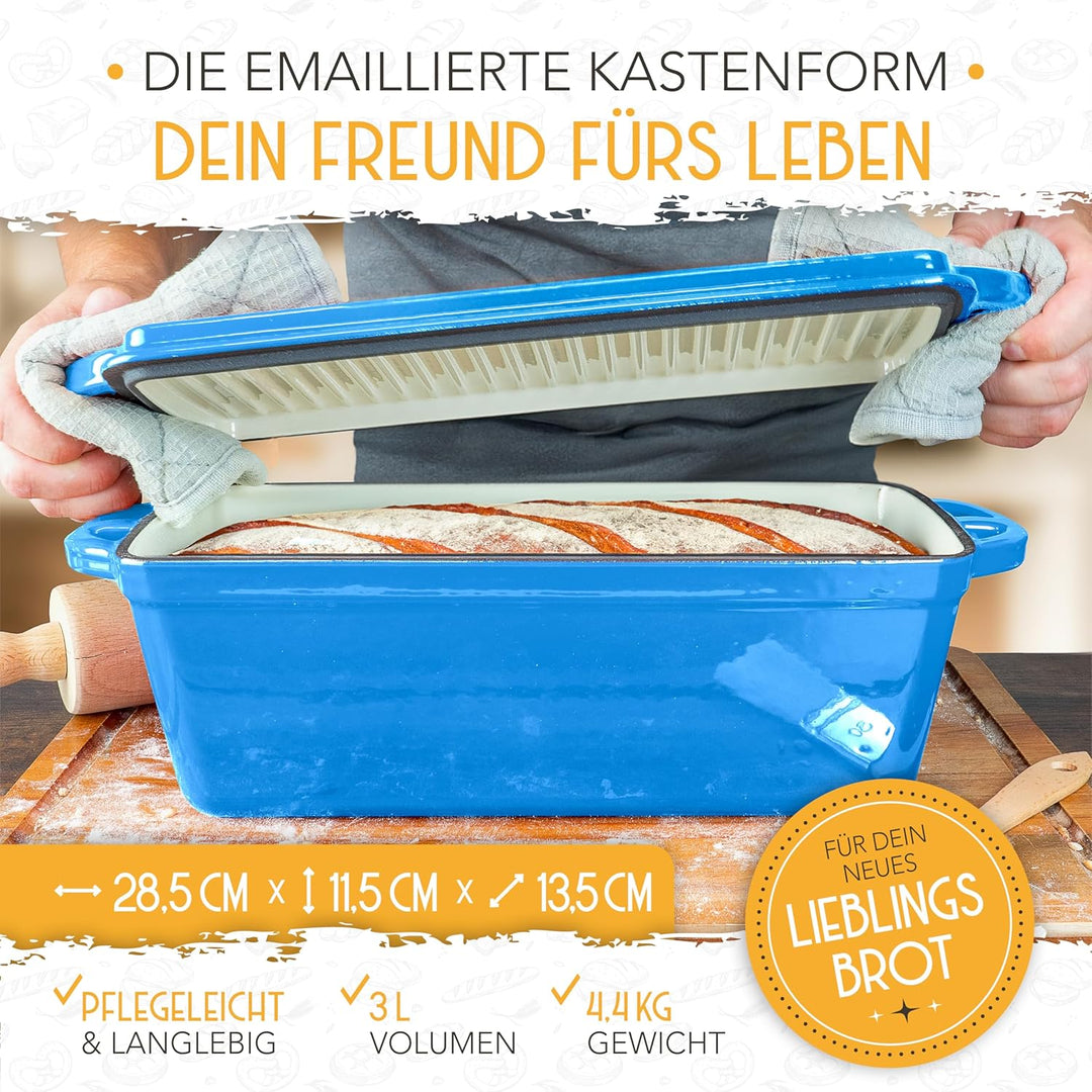 KRUSTENZAUBER Emaille Brotbackfrom mit Deckel inkl. Gärkorb - Robuste 28cm Backform aus Gusseisen -