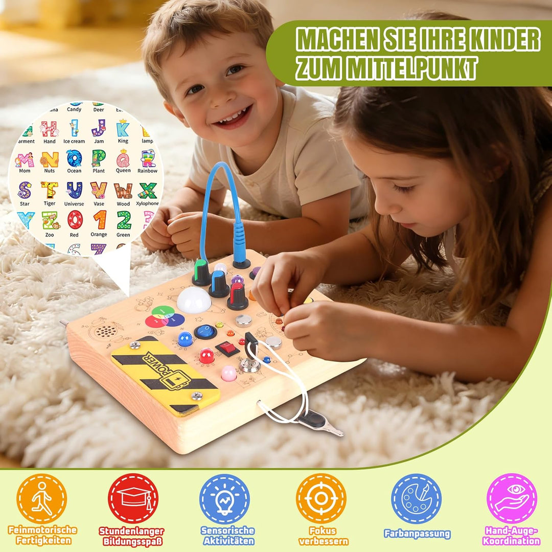 Hoarosall Montessori Busy Board Activity Board Holz Spielzeug ab 1 Jahr mit 12 Schaltern & 24 LED-Le