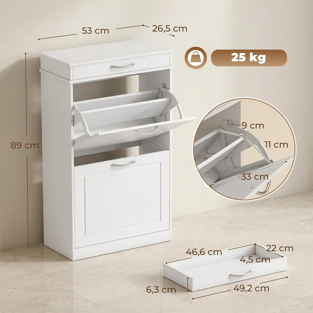 HOMCOM Schuhschrank mit 2 Klappen, Schublade, 53 x 26,5 x 89 cm, Weiss | Schuhkipper Schmal Schuhreg