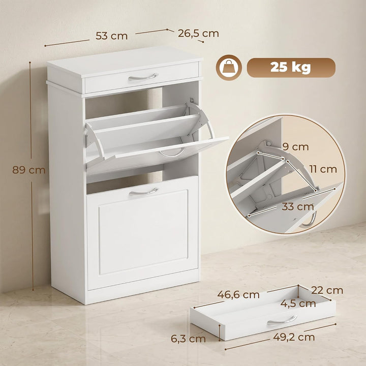 HOMCOM Schuhschrank mit 2 Klappen, Schublade, 53 x 26,5 x 89 cm, Weiss | Schuhkipper Schmal Schuhreg