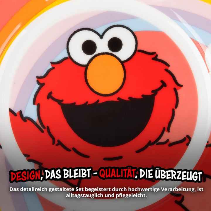United Labels Elmo Frühstücksset Kinder, mit Elmo, Geschirr Set Porzellan, 3-teilig mit Teller, Scha