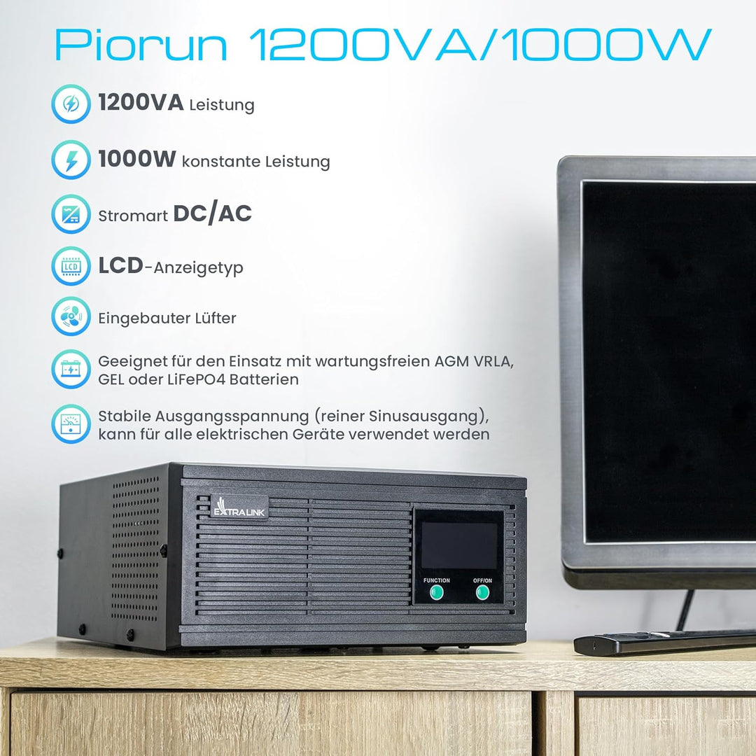 Notstromversorgung UPS EXTRALINK Piorun 1200VA/1000W Wechselrichter Reiner Sinus Pro 24VDC USV Inver