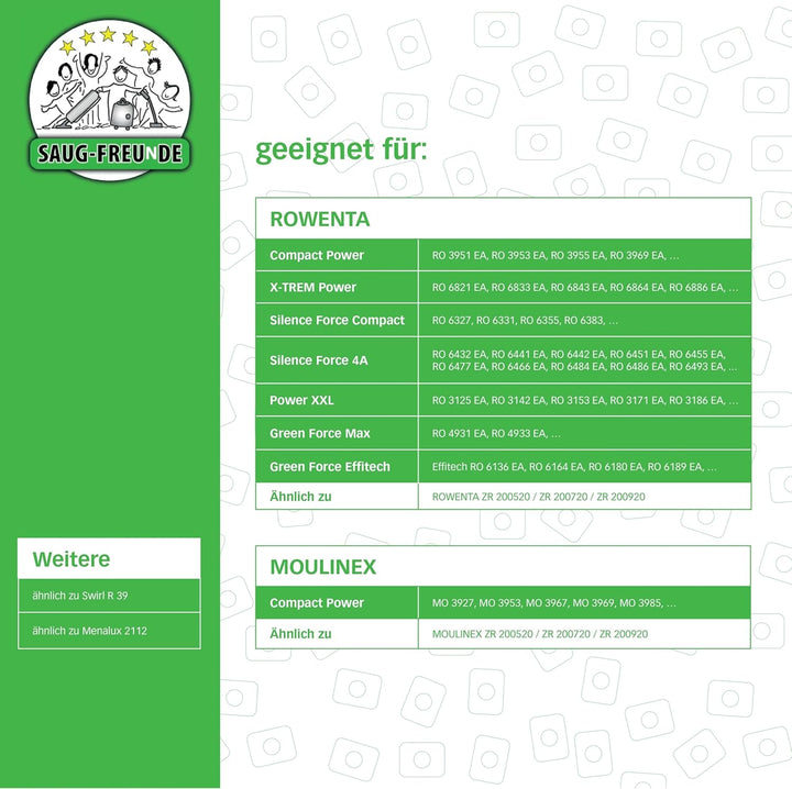 20 Staubsaugerbeutel für ROWENTA COMPACT Power RO 3951 EA, RO 3953 EA, RO 3955 EA, RO 3969 EA und RO