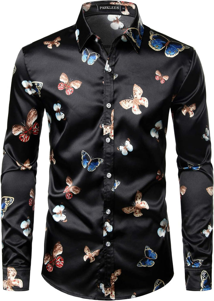 PARKLEES Herren Casual Luxus Bedrucktes Seide wie Satin Button Down Kleid Hemd für Party Hochzeit XX