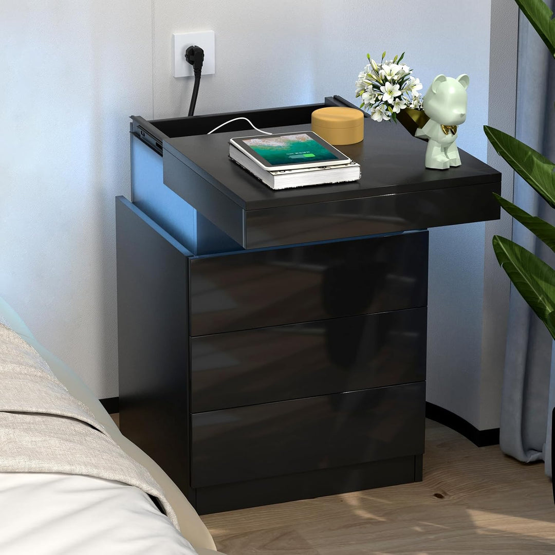 PIPIPOXER 2er Set Nachttisch mit LED Licht und Steckdose,Beistelltisch aus Hochglanz Brett mit Schie