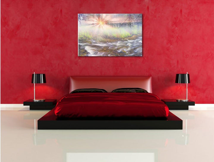 Pixxprint Nebeldickicht im Wald Kunst Buntstift Effekt, Format: 100x70 auf Leinwand, XXL riesige Bil