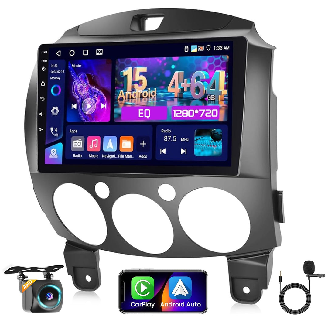 Hikity Autoradio für Mazda 2 2007-2014 [4+64GB] Android 15 Radio CarPlay Android Auto Wireless Bilds