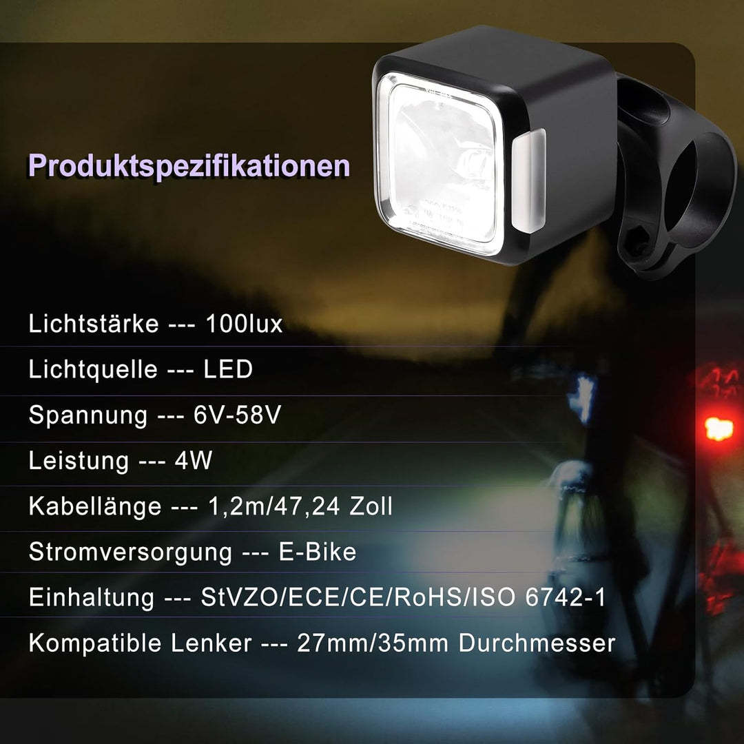 Fahrrad Frontlicht LED 30-100 Lux, Alu-Kühlkörper, 6-58V E-Bike/Fahrrad, IPX4/5, StVZO E-Bike 100lux