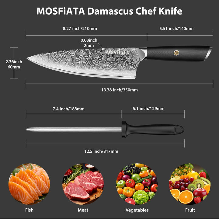 MOSFiATA Damastmesser 8 Zoll, Küchenmesser Damaststahl Kochmesser Damast Scharf Chef Knife Profi Fle
