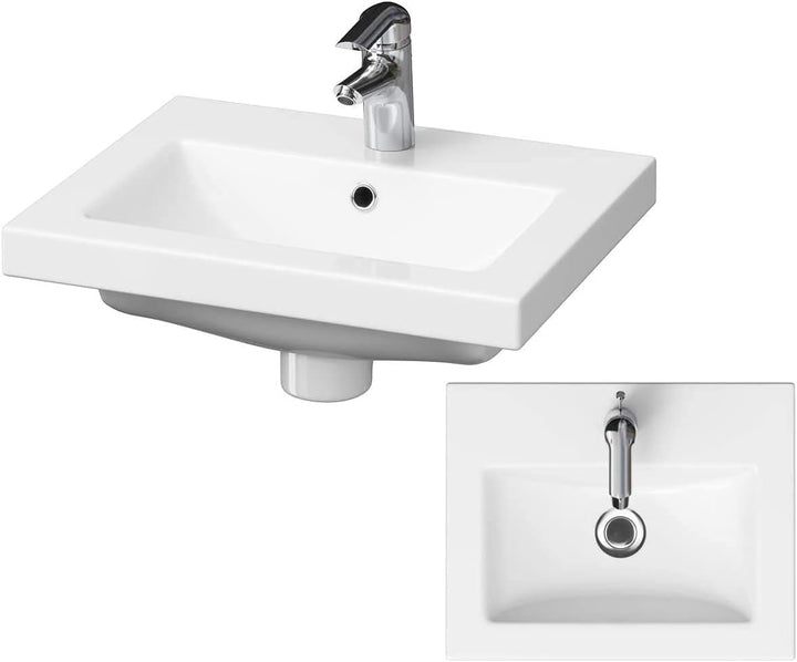 VBChome Waschbecken mit Unterschrank Nussbaum 60 cm mit Armatur und Pop Up ventil 2 Schubladen Weiss