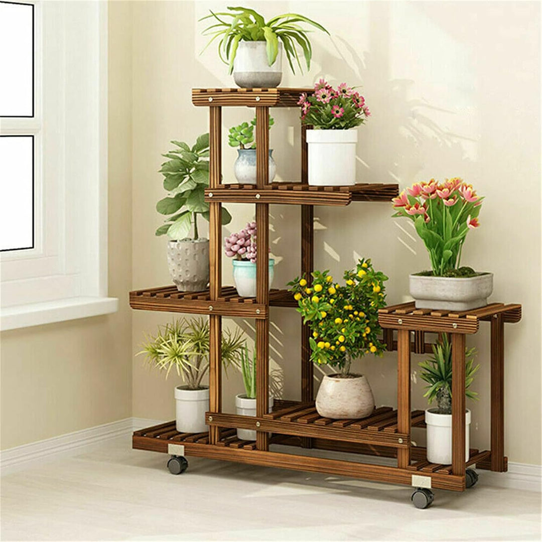 unho Blumenregal Rollbar, Blumenständer mit 6 Ebenen, Blumentreppe aus Holz, Pflanzenregal Balkon Wo